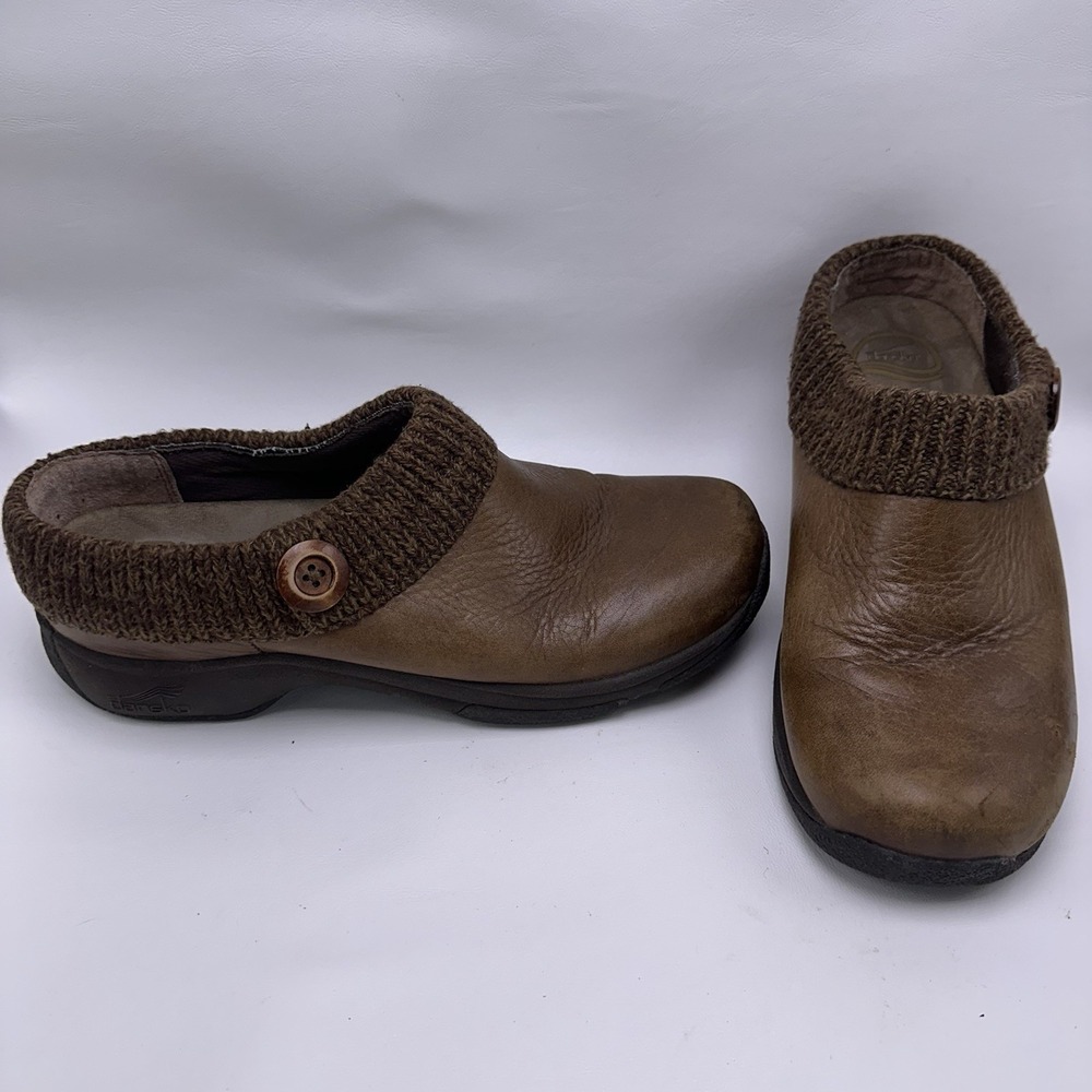 Dansko Kenzie Clogs Womens EU 43‎ Size 12-12.5 Brown Leather Knit Slip On Shoes